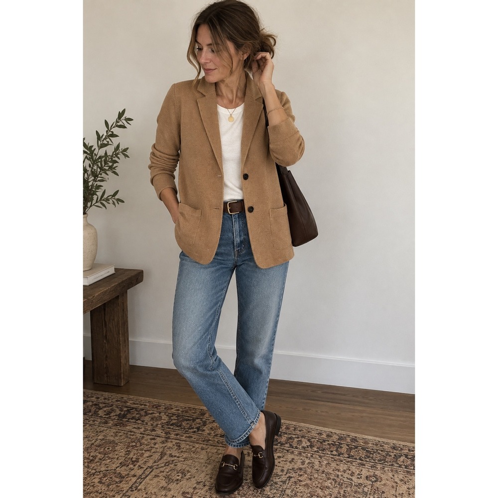 Crew Camel Cotton Sweater Blazer Patch Pockets Women's M